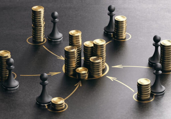 Funding, Financing Business Project Concept of Funding, Financing Business Project. 3D illustration of generic golden coins and pawns over black background.